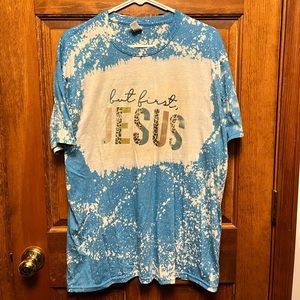 5/$20 But First Jesus Christian tshirt bleach dyed blue